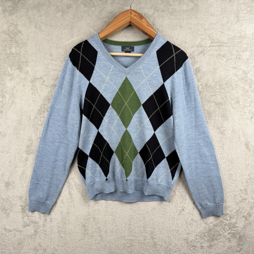 Brooks Brothers Sweater Mens M Blue Classic Argyle Pullover V-Neck‎ Merino Wool